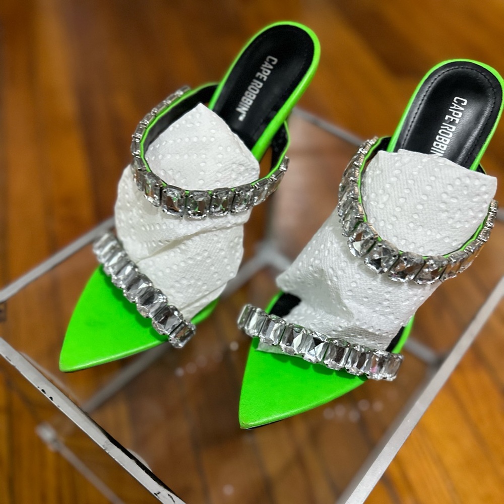 Rhinestone Cape Robbin Neon Green Heels